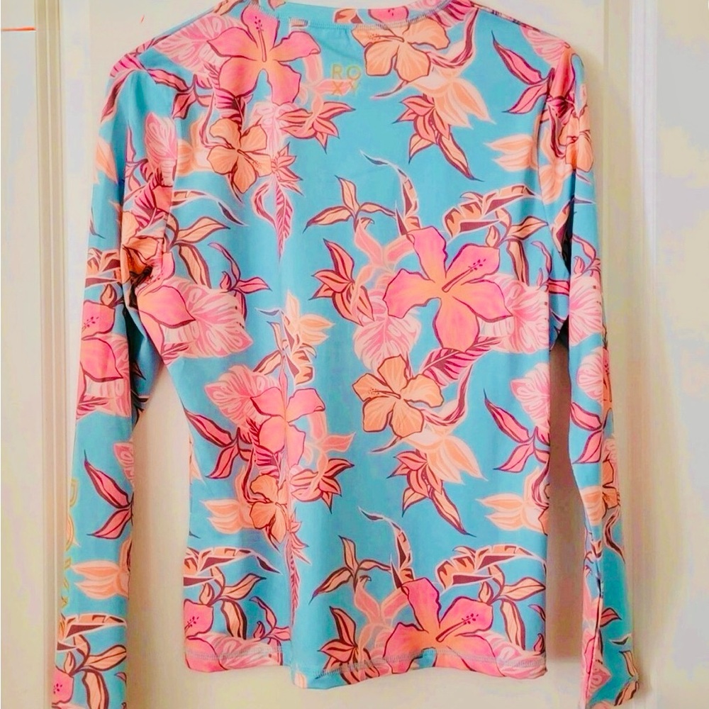 NWOT Roxy Floral Rashguard long sleeve top, Teal Blue & Peach Coral